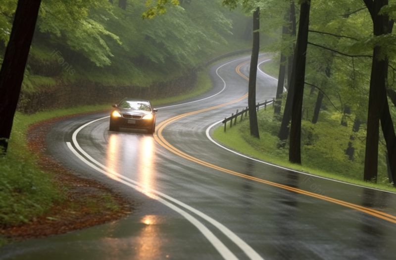 户外雨中森林里一辆行驶在公路上的车,高清,摄影图,摄影图片,图片大全,摄影图免费下载
